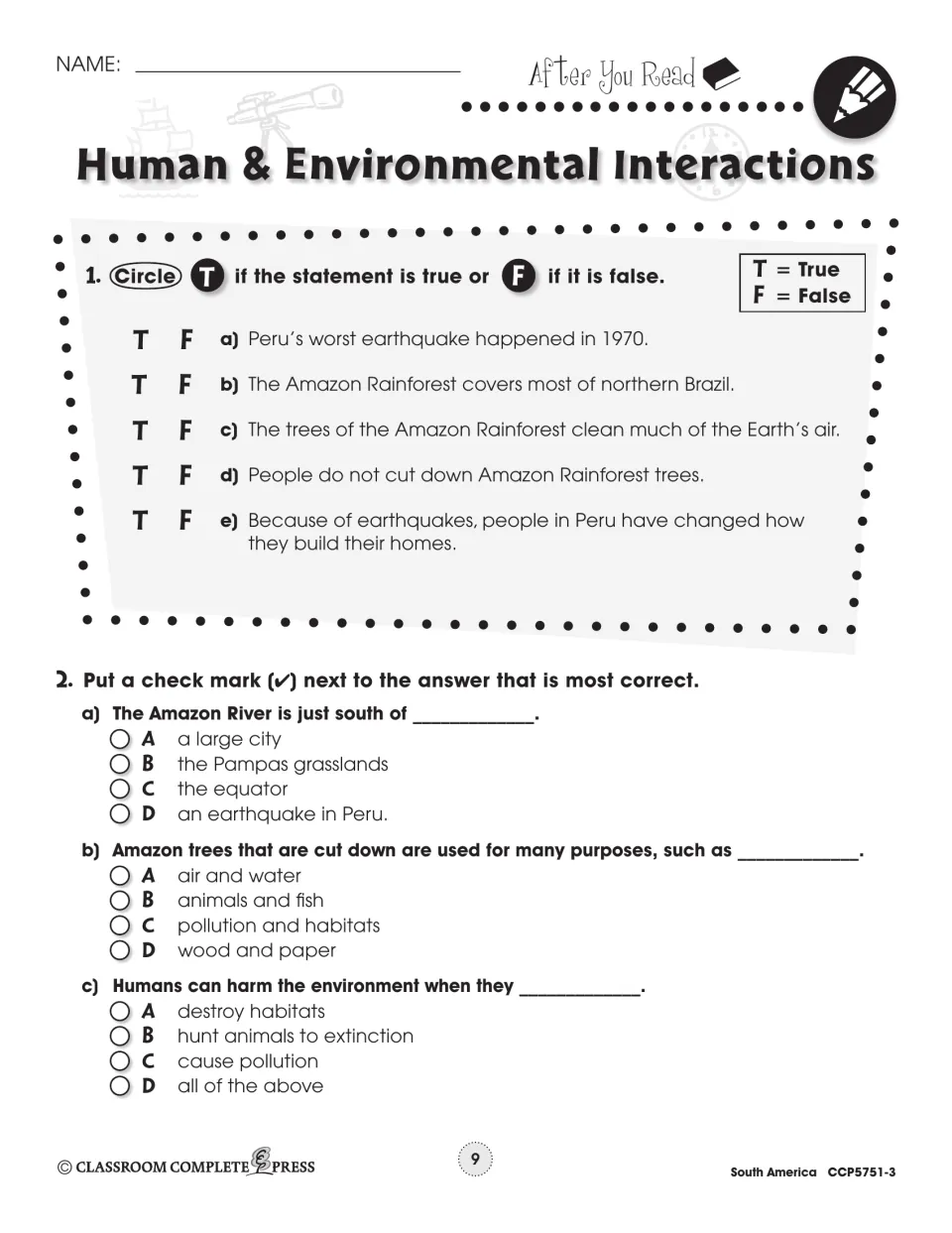After-reading practice includes five true-or-false statements and three multiple-choice questions about the passage