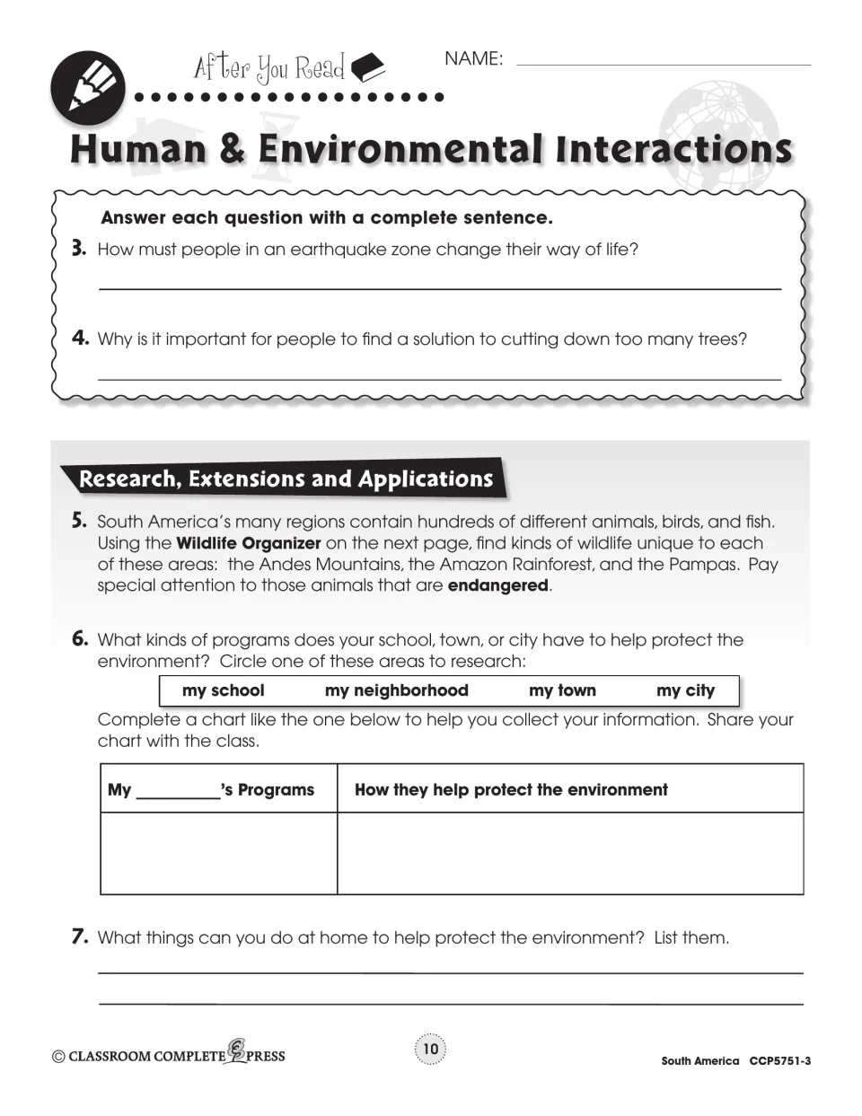 Follow-up tasks cover earthquake adaptation, tree loss, wildlife research, and local environmental protection