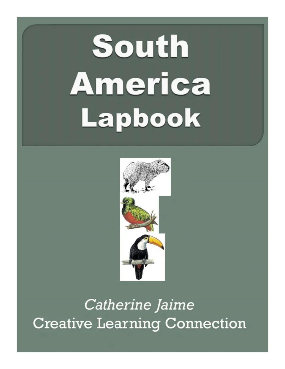 South America Lapbook cover with illustrations of a capybara, a quetzal and a toucan, by Catherine Jaime
