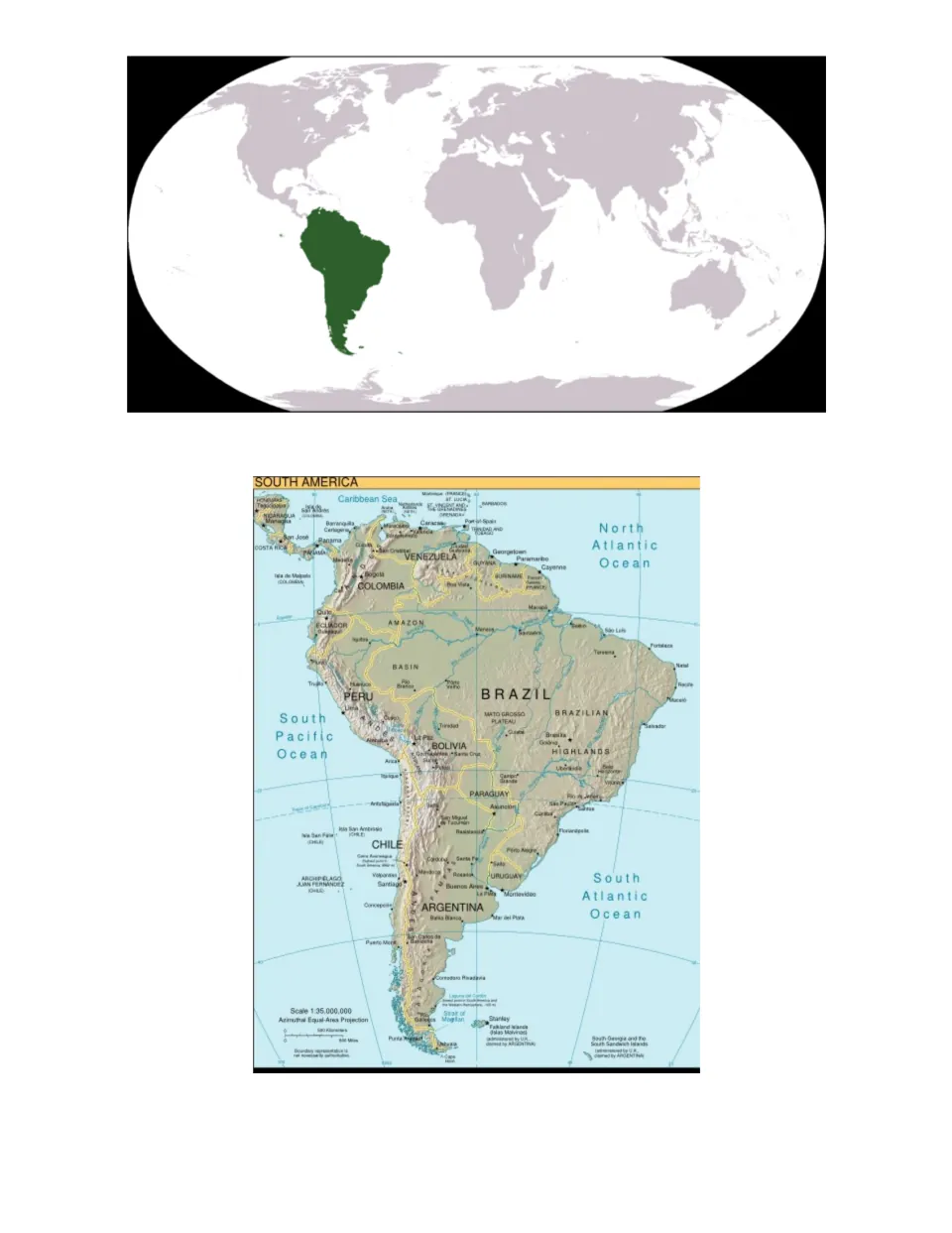 Maps of South America: a world map with the continent highlighted green and a labeled political map of its countries
