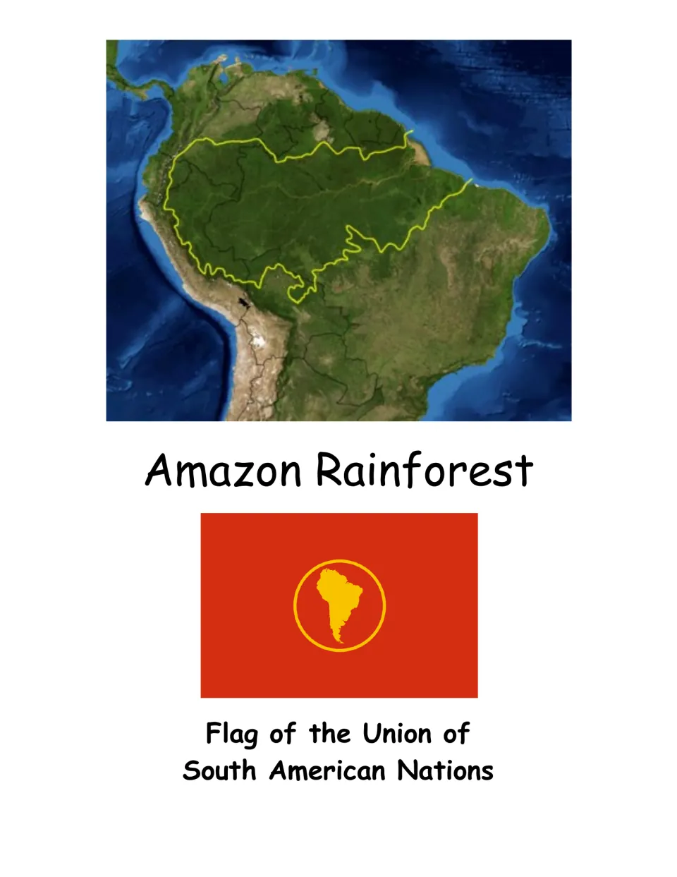 Amazon Rainforest satellite map with its outline in yellow, above the Flag of the Union of South American Nations
