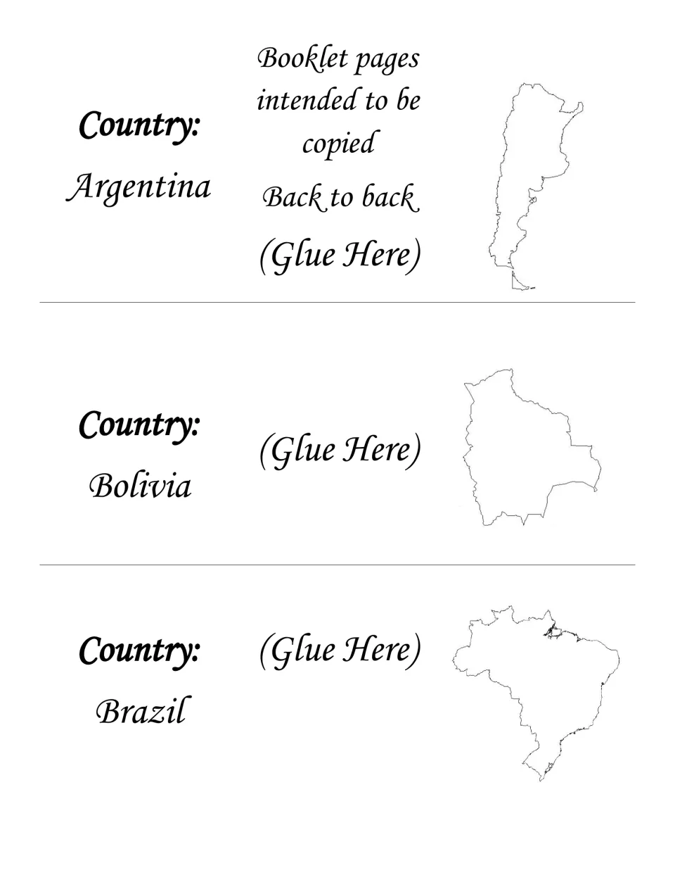 Country booklet covers for Argentina, Bolivia and Brazil, each with a country outline map and a glue-here area