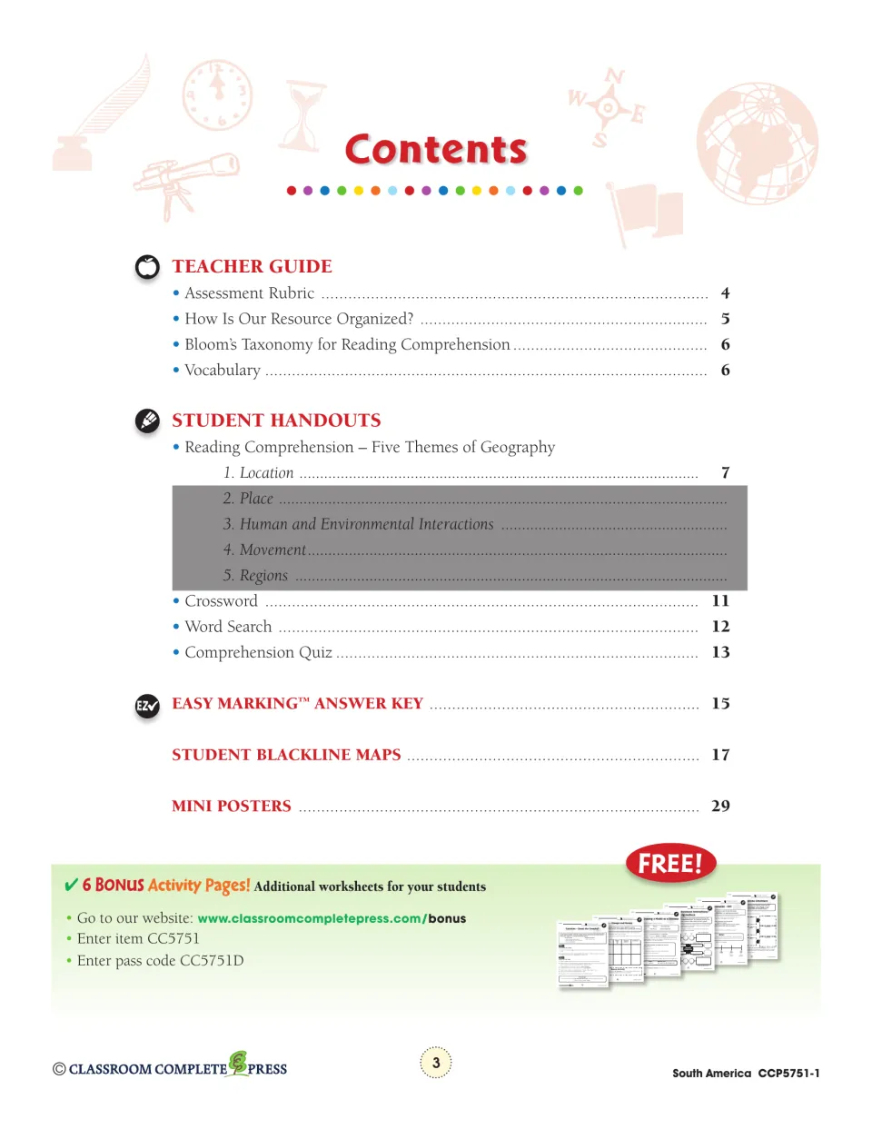 Contents lists teacher guidance, the location lesson, puzzles, a quiz, an answer key, maps, and mini posters