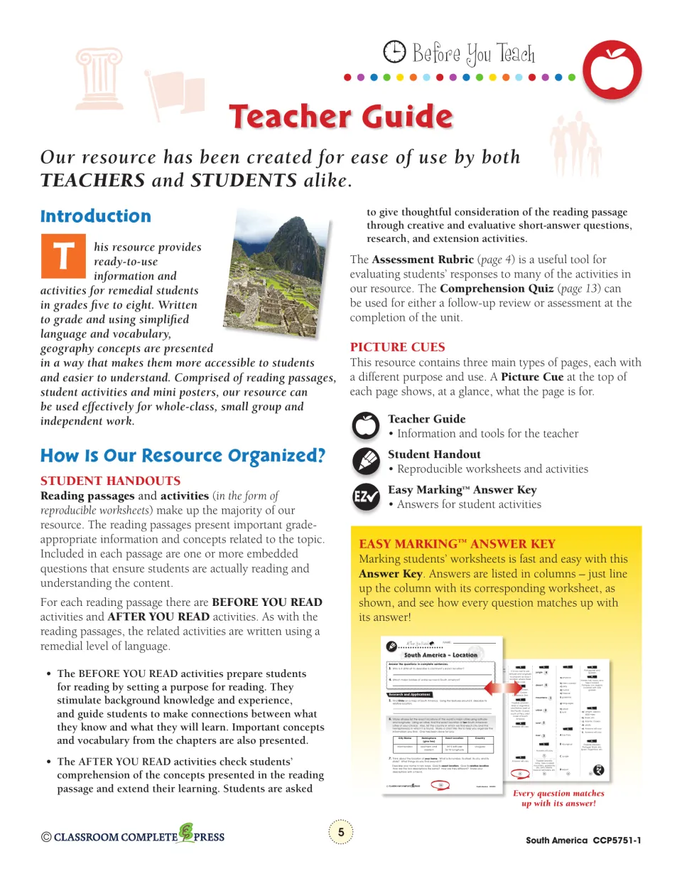 Teacher guide explains reading passages, before- and after-reading activities, assessment tools, and answer key use