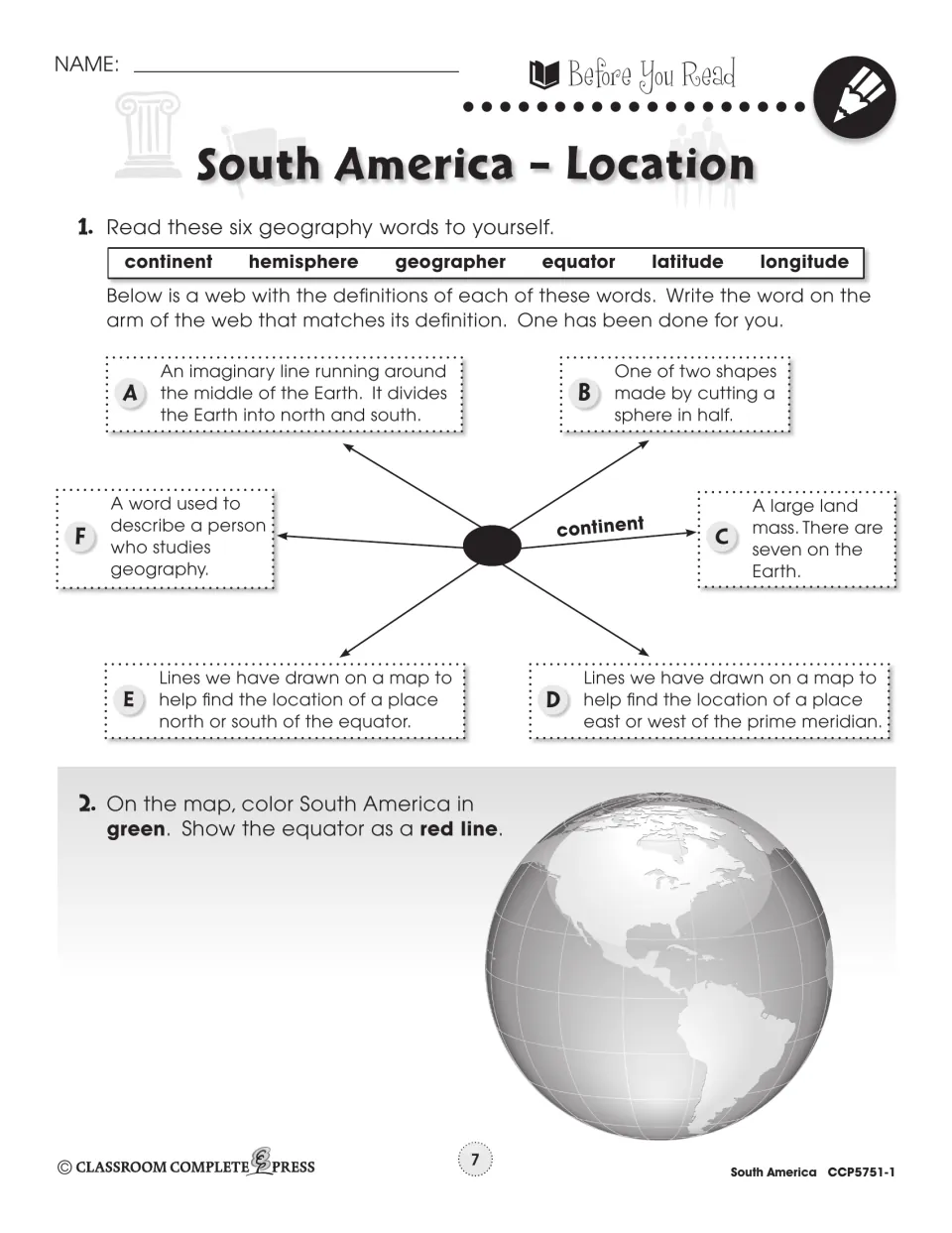 Before-reading activity matches six geography terms to definitions and asks students to color South America