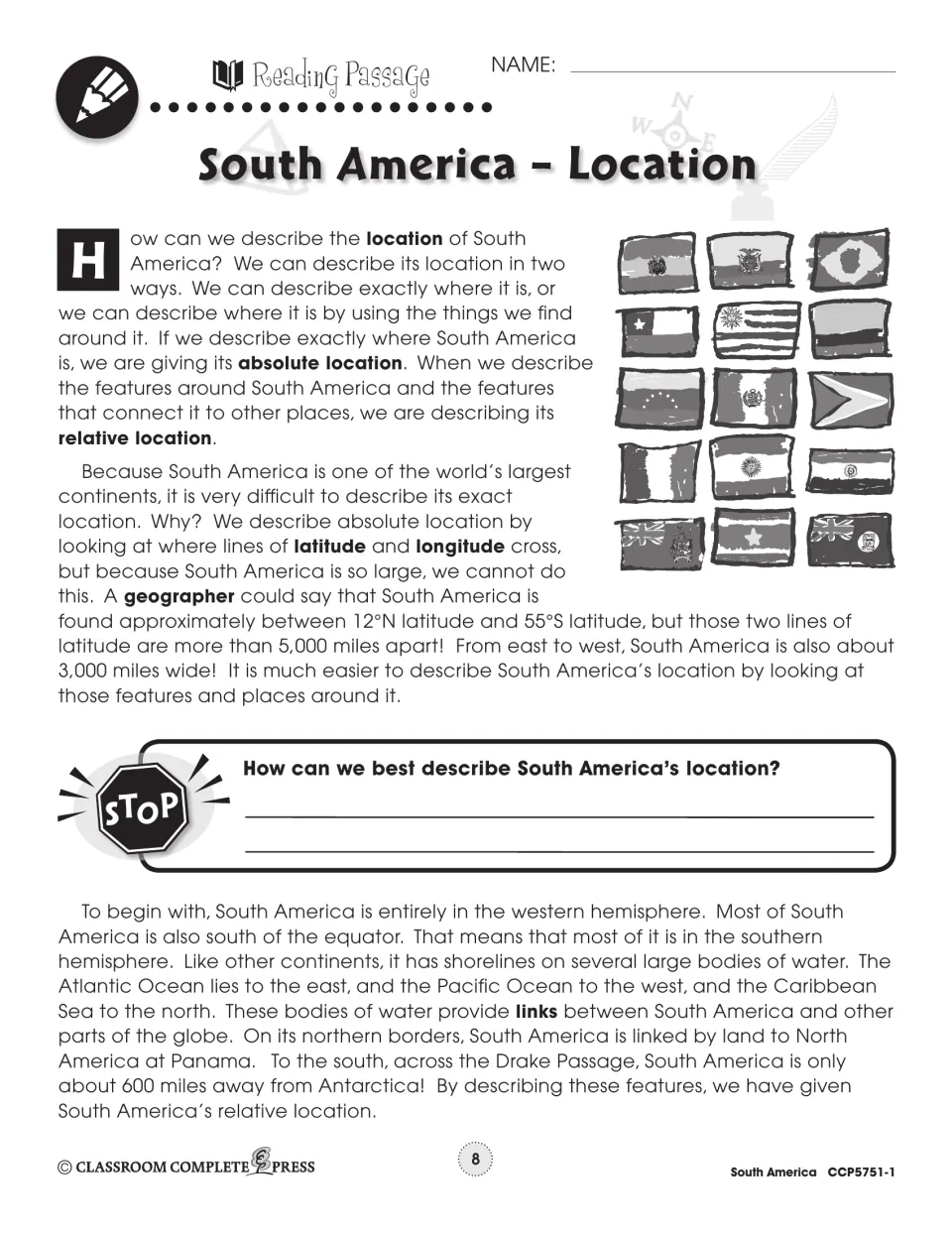 Reading passage explains South America's absolute and relative location, hemispheres, and surrounding waters
