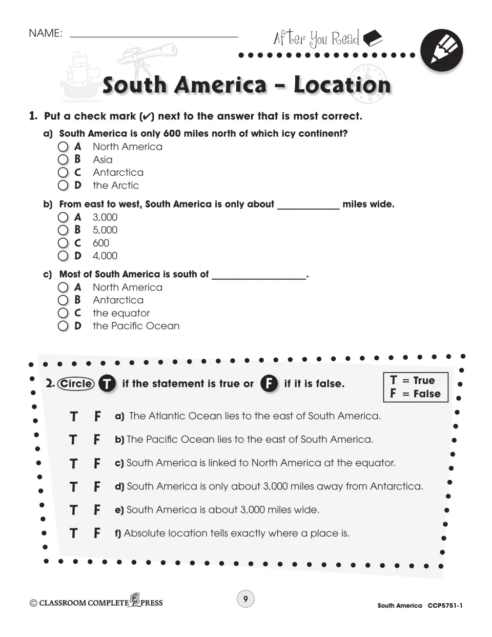 After-reading practice checks South America's location through three multiple-choice and six true-or-false items