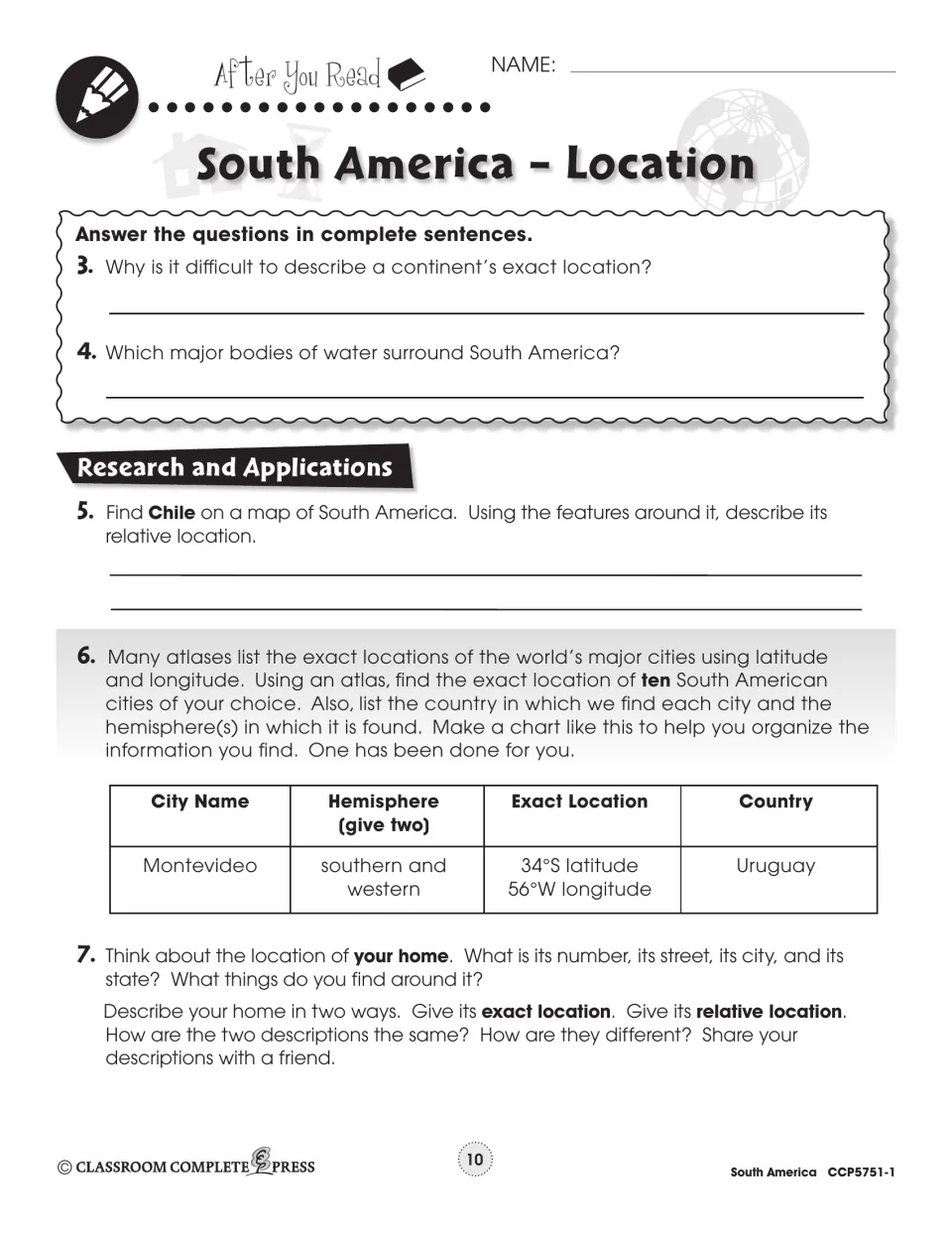 Follow-up location tasks ask about surrounding waters, Chile, coordinates for ten cities, and students' homes