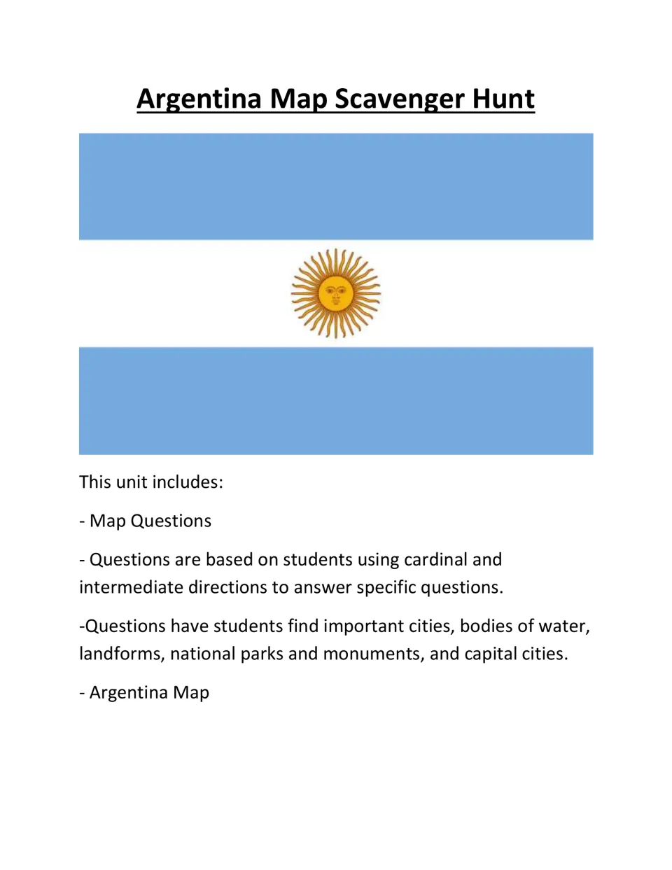 Argentina section opener: flag with sun emblem and a list of contents, including direction questions and a country map