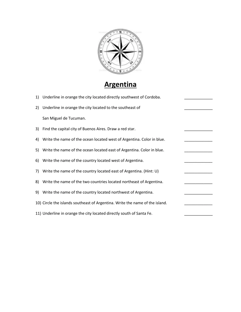 Argentina directions practice: 11 questions using a compass rose to find cities, oceans, neighboring countries and islands