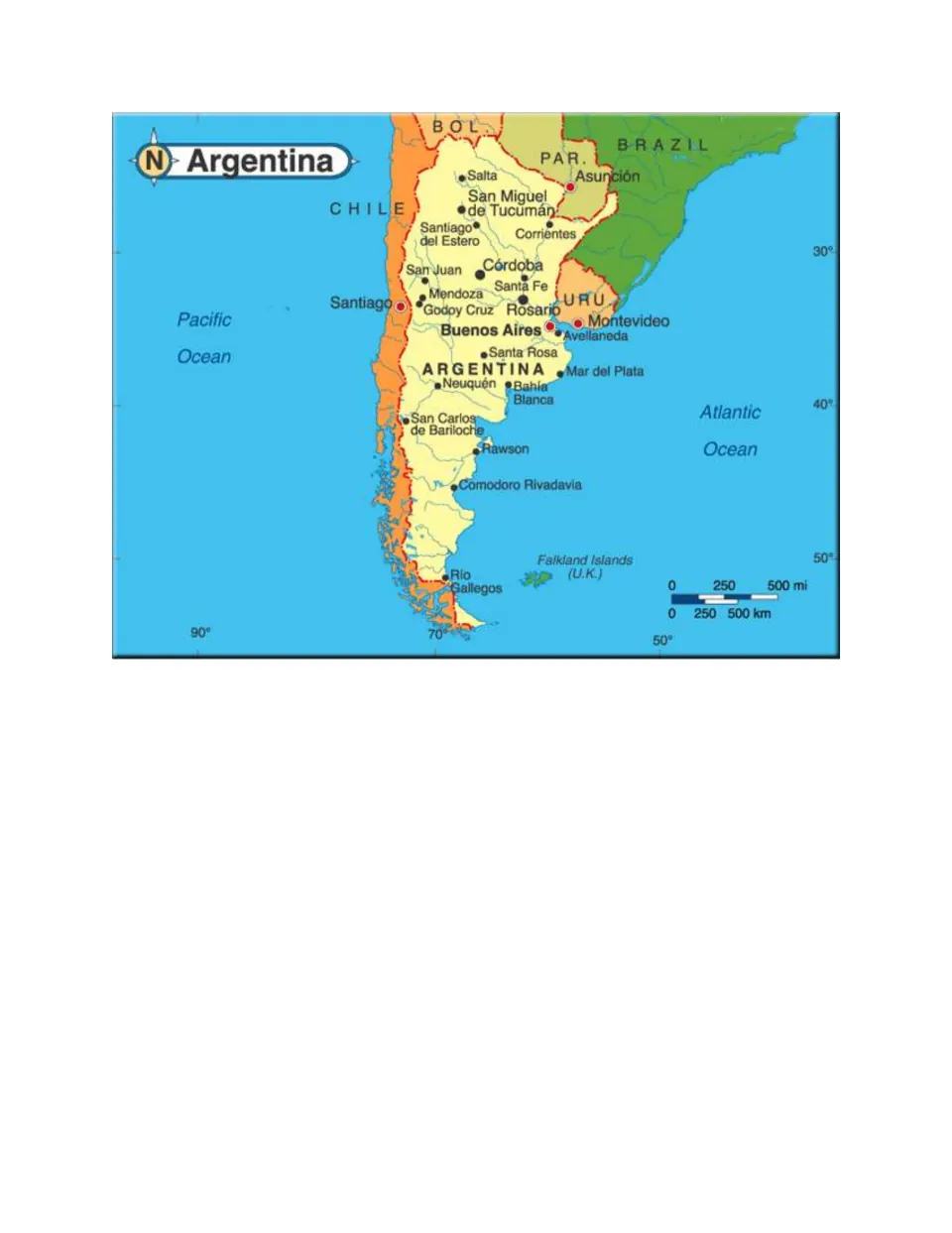 Argentina reference map labeling cities such as Cordoba, Rosario and Buenos Aires, plus the Pacific and Atlantic oceans