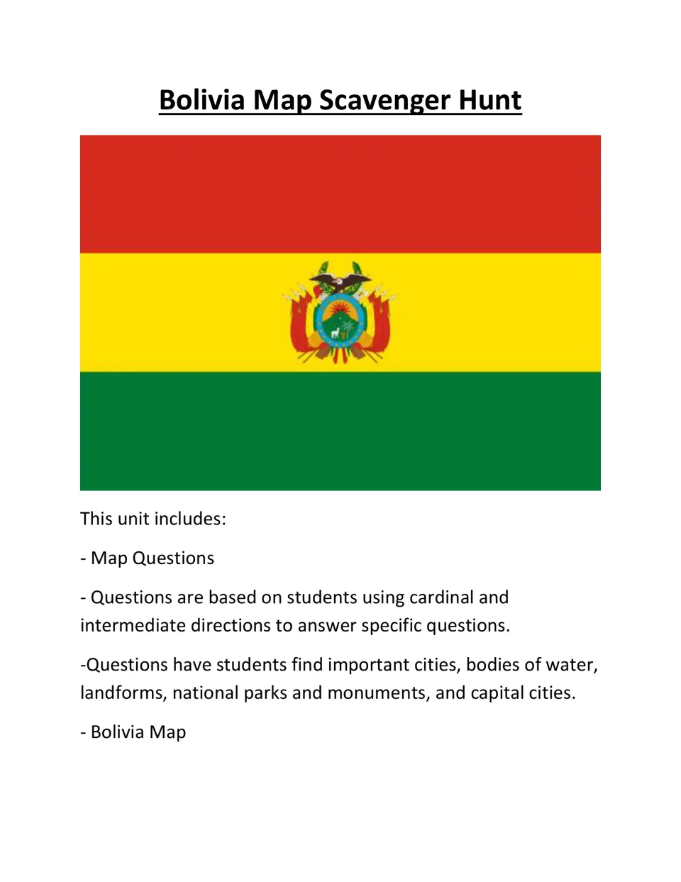 Bolivia section opener with the national flag and a list of the included direction questions and country map