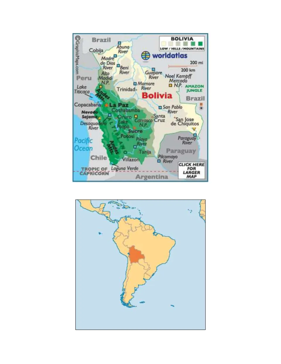 Bolivia physical map showing the Andes, Lake Titicaca and rivers, above a locator map of Bolivia within South America