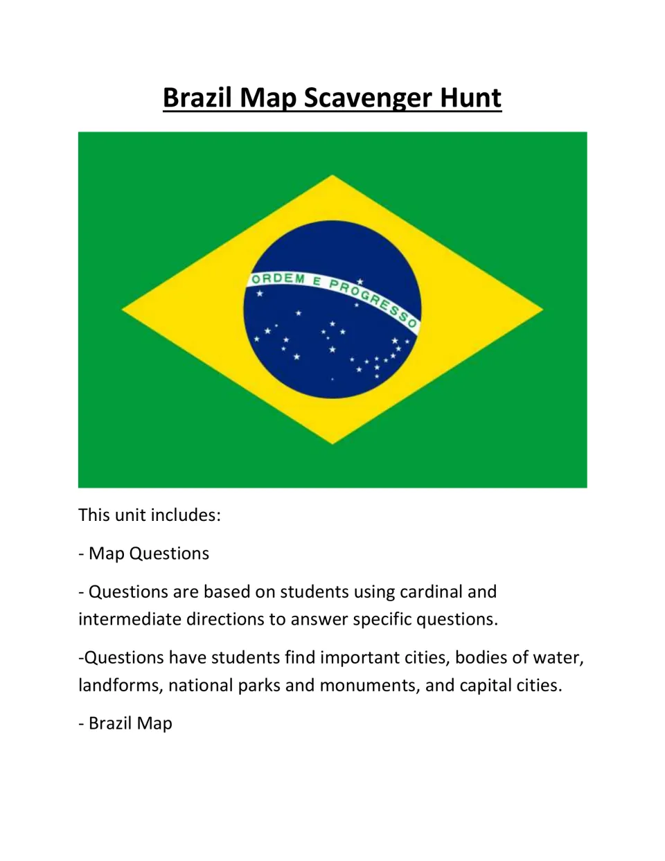 Brazil section opener featuring the green and yellow flag and a list of the map questions and Brazil map included