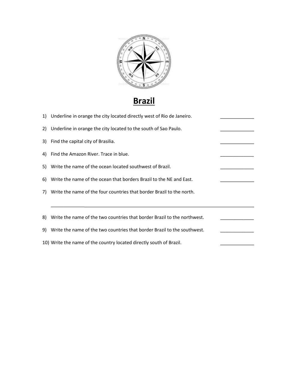 Brazil map questions: 10 items to find Brasilia, trace the Amazon River and name bordering countries by direction
