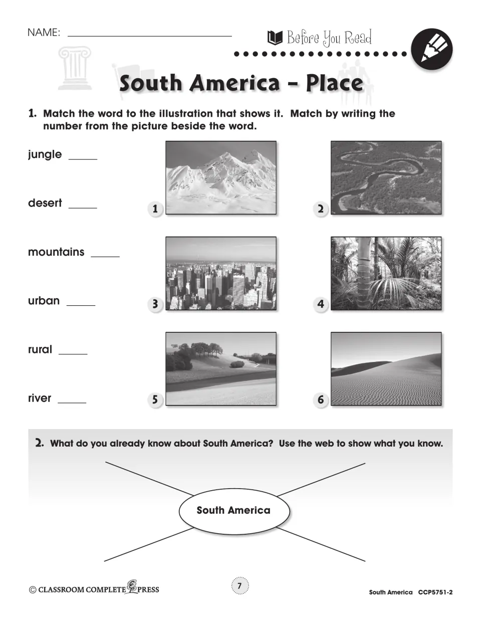 Before-reading activity matches six geography words to photos and asks what students know about South America