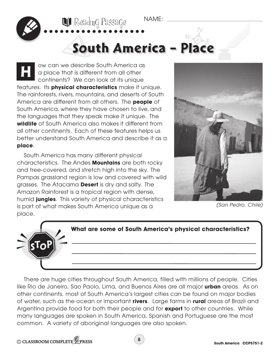 Reading passage describes South America’s landforms, cities, farms, and languages, with a physical features question
