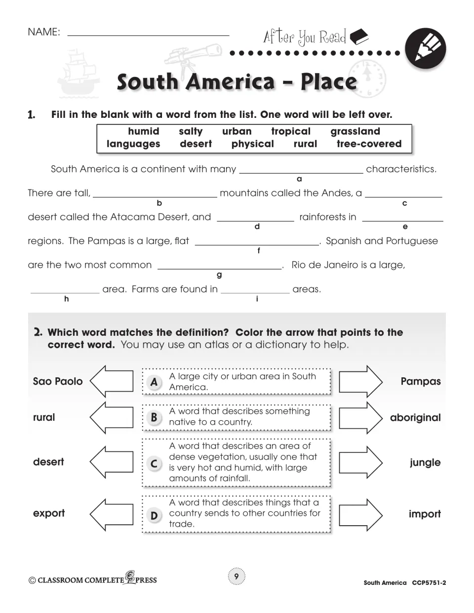 After-reading practice uses a word bank for nine blanks and four definition choices about South American geography