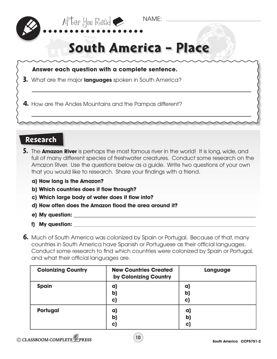 Follow-up questions compare the Andes and Pampas, review languages, and assign Amazon River and colonization research