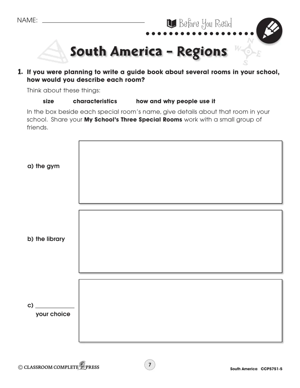 Before You Read on regions: students describe the gym, library and a room of their choice by size, features and use
