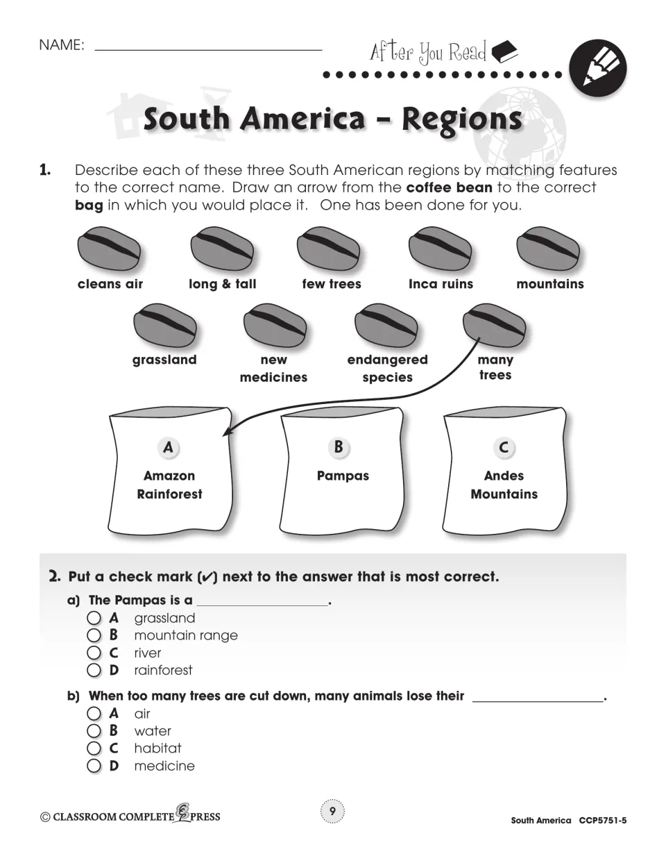 Regions matching: students link feature beans to Amazon, Pampas or Andes bags, then answer two multiple-choice items