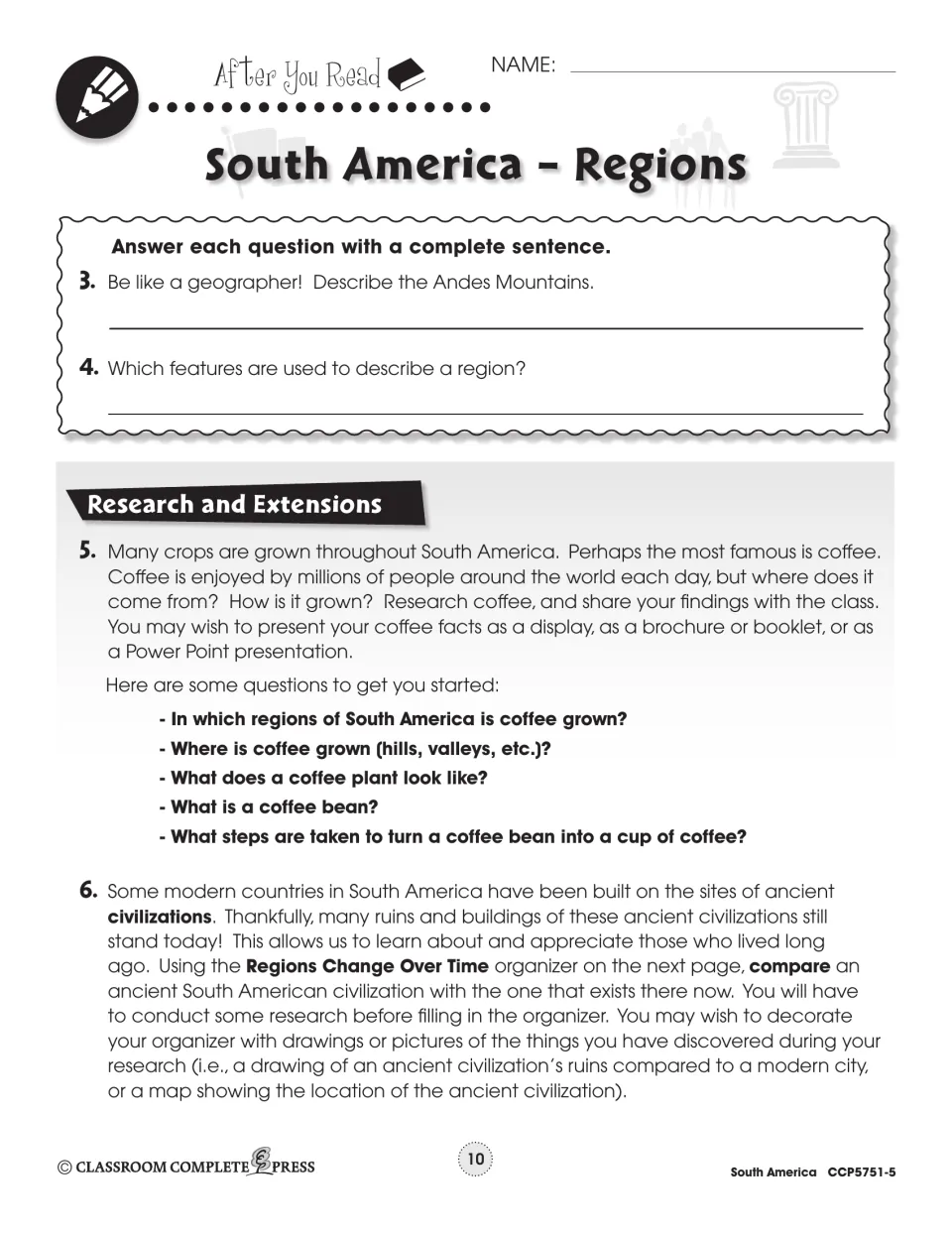 After You Read questions on the Andes and region features, plus research on coffee and ancient vs modern civilizations