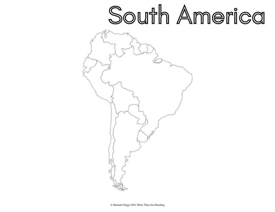 South America map coloring page: students color the blank continent outline showing each country's borders