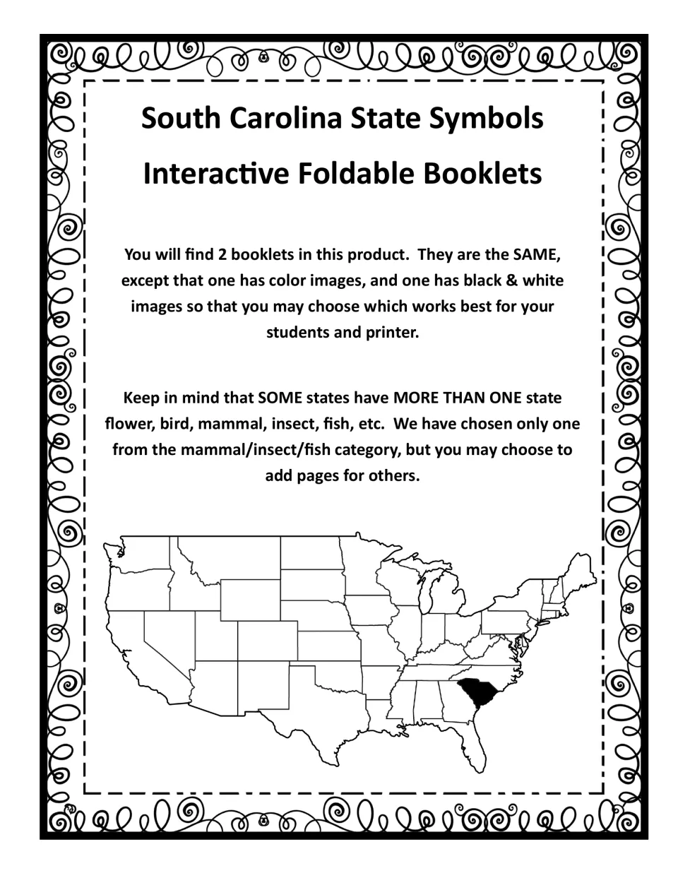 Note: two identical state symbol booklets, one in color and one black and white, with a US map shading South Carolina