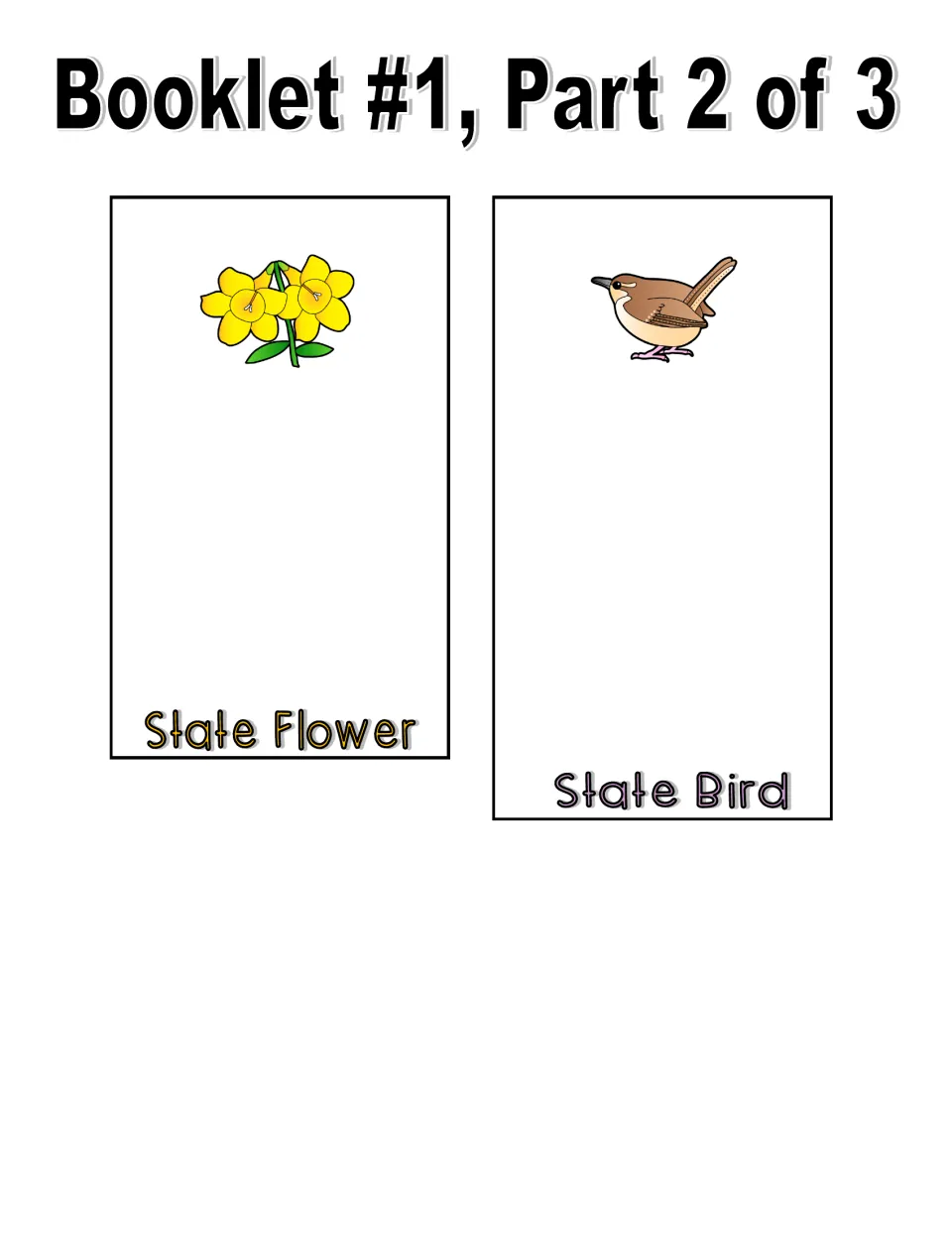 Color booklet part 2 cut-out pieces: State Flower page with yellow blossoms and State Bird page with a small brown bird