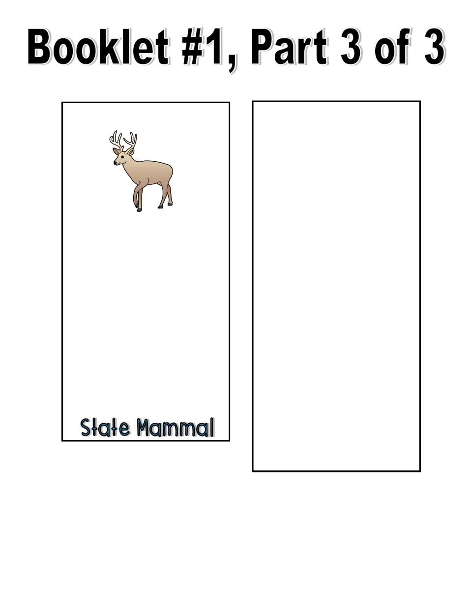 Color booklet part 3 cut-out pieces: State Mammal page showing an antlered deer, and a blank extra page for another symbol