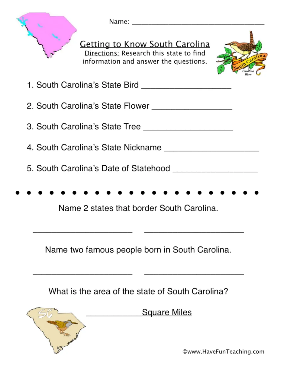 Getting to Know South Carolina: students research the state bird, flower, tree, nickname, statehood, borders and area