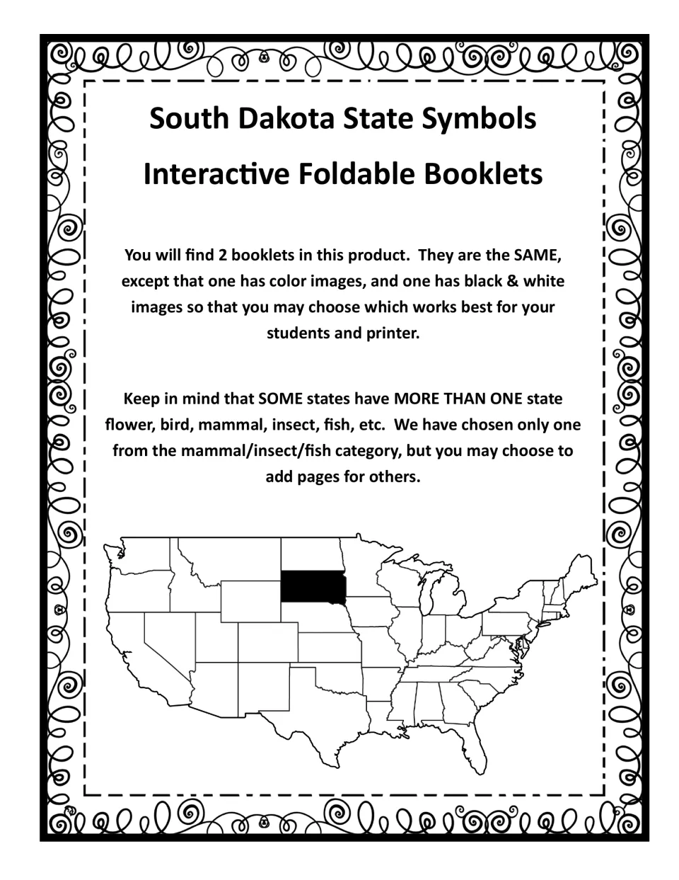 Product notes: two identical booklets, one in color and one in black and white, with a US map highlighting South Dakota