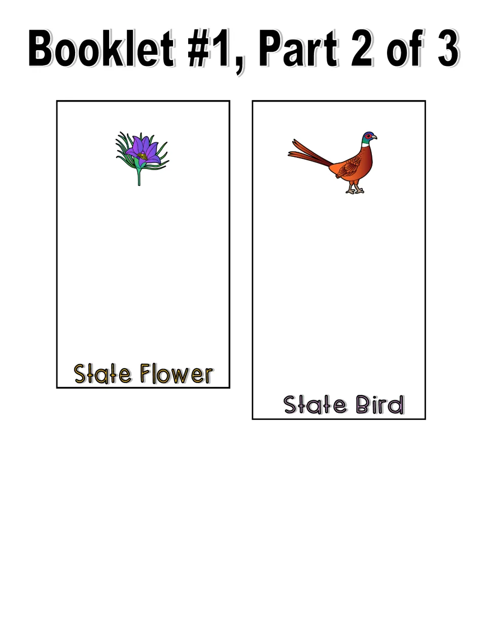 Color booklet cut-out pieces: State Flower page with a purple flower and State Bird page with a pheasant to label