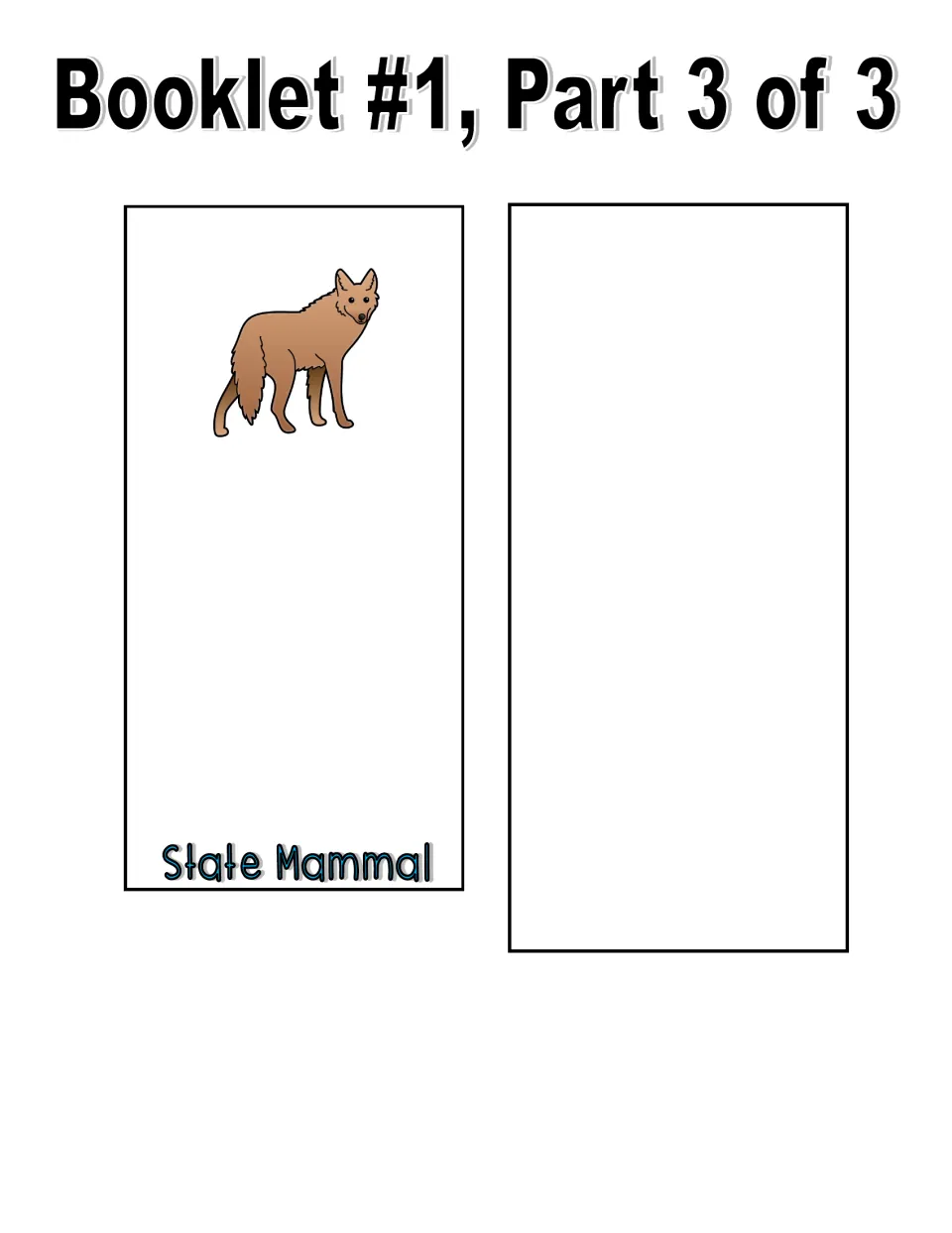 Color booklet cut-out pieces: State Mammal page showing a coyote, plus a blank extra page for any other South Dakota symbol