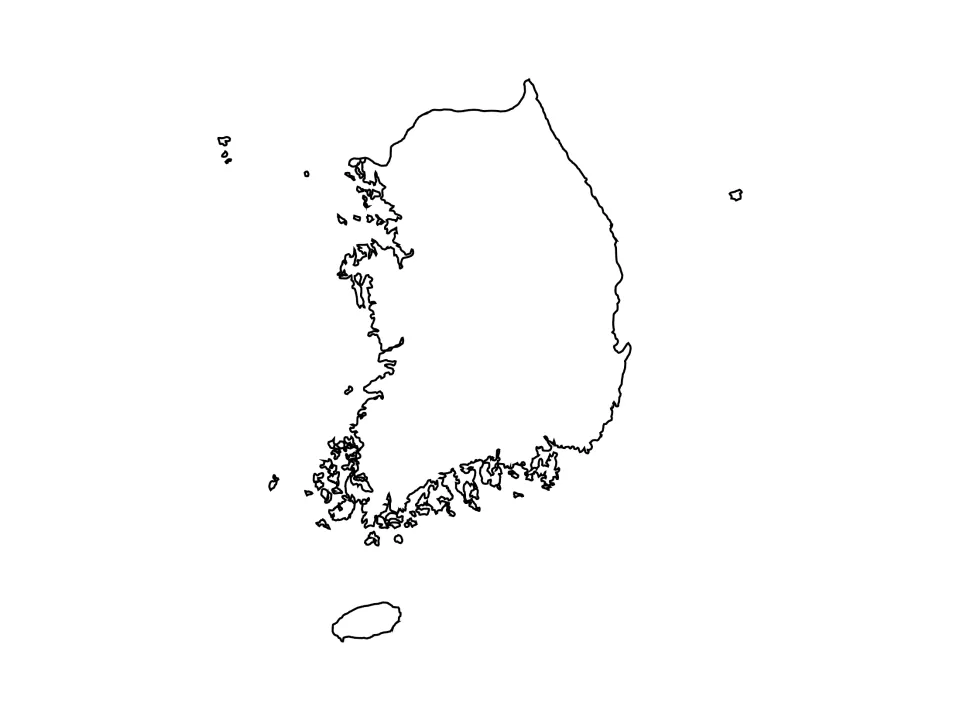 South Korea blank outline map showing the coastline and offshore islands with no labels, for map labelling practice