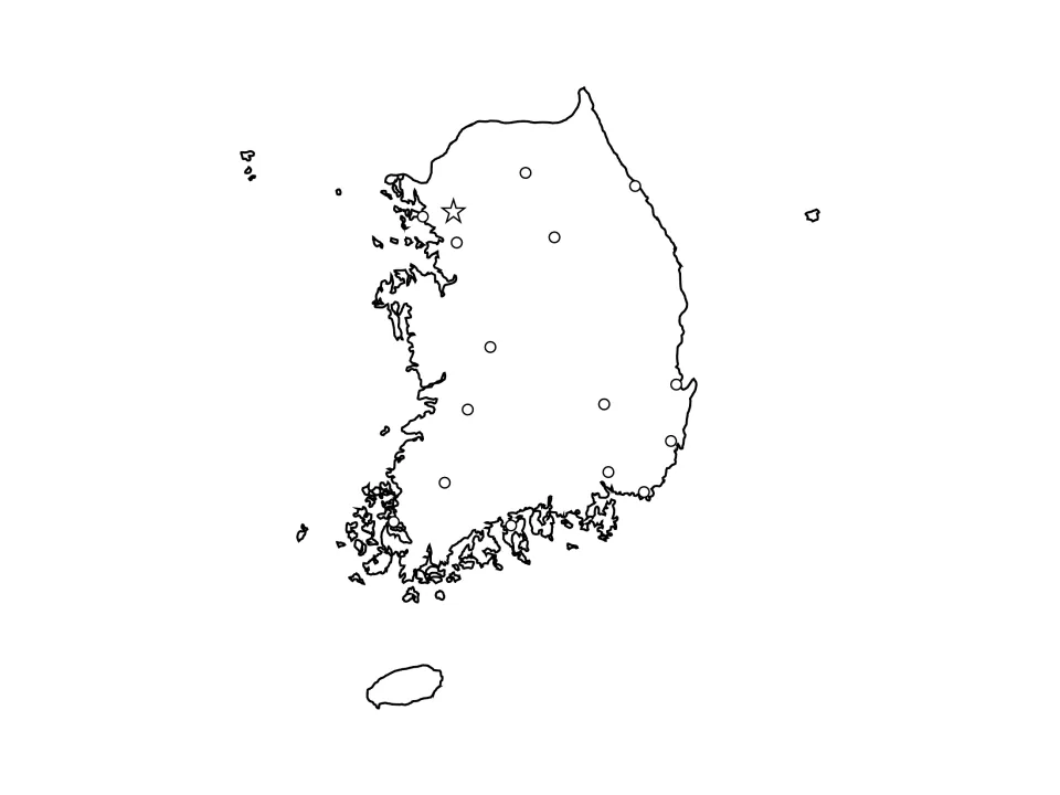 South Korea city map: a star marks the capital and unlabeled dots mark major cities for students to identify and label