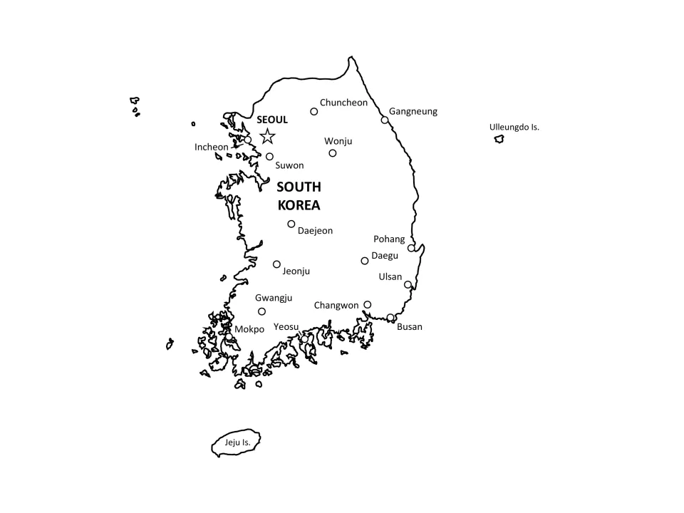 South Korea labelled city map naming Seoul, Busan, Incheon, Daegu, Gwangju and other cities plus Jeju and Ulleungdo