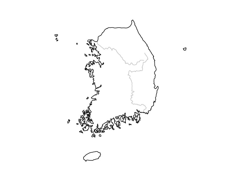 South Korea outline map adding the Han and Nakdong river courses in grey, unlabeled for river identification practice