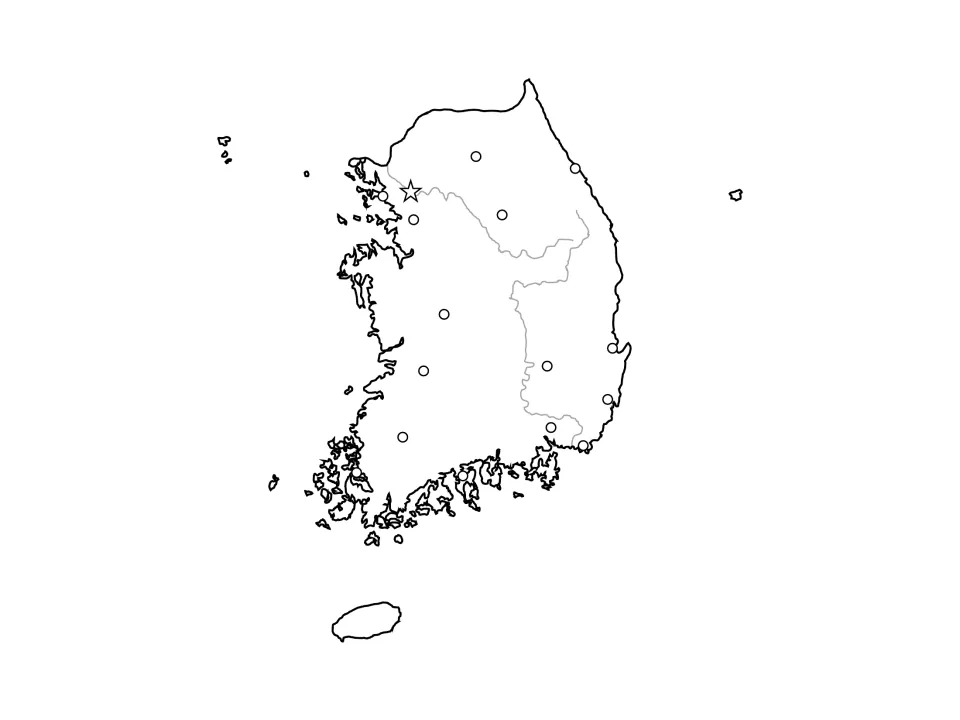 South Korea blank map with major rivers, a capital star and city dots, all unlabeled for combined city and river labelling