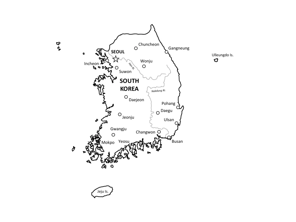 South Korea labelled map of cities and rivers, naming the Han and Nakdong rivers alongside Seoul, Busan and Daejeon