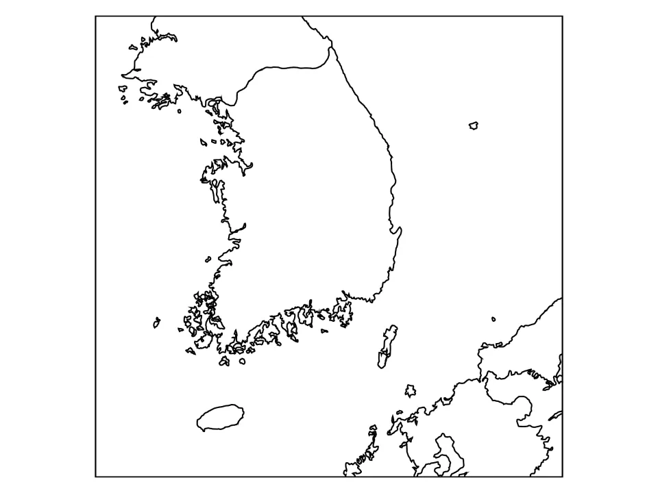 Korean Peninsula regional outline map showing South Korea with neighbouring North Korea and Japan coastlines, unlabeled