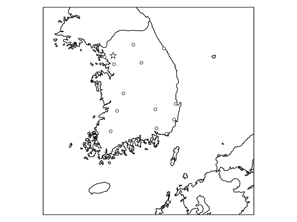 Regional map of South Korea with a capital star and city dots plus Japan's coast, left unlabeled for locating cities