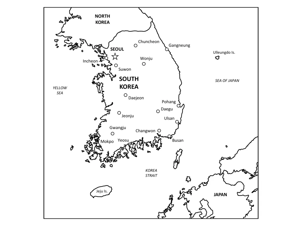 South Korea regional labelled map naming cities, North Korea, Japan, the Yellow Sea, Sea of Japan and Korea Strait