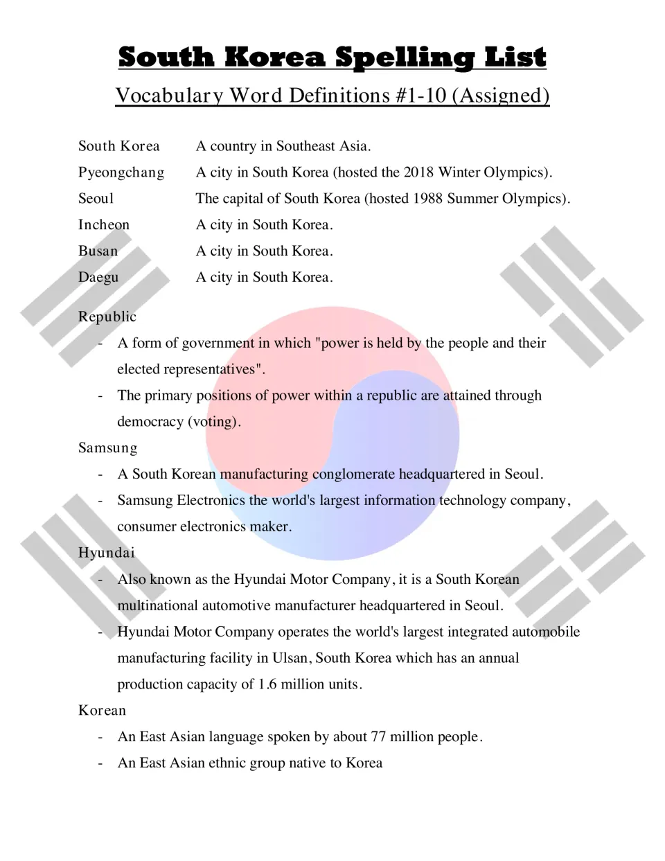Definitions for assigned words 1-10: Korean cities, republic, Samsung, Hyundai and Korean, each with a short meaning