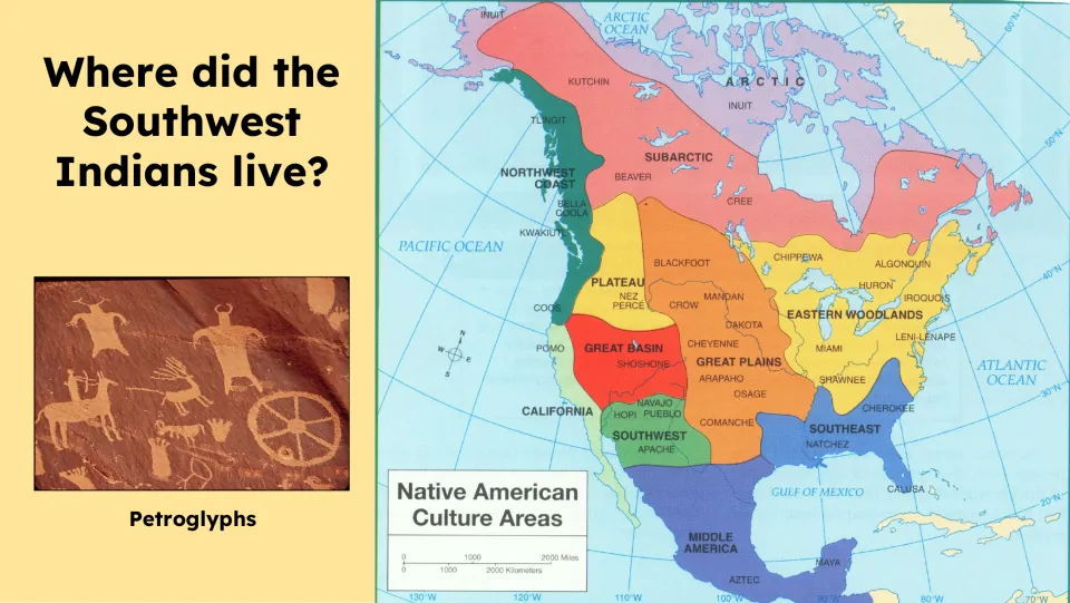 Location prompt asks where Southwest Indians lived, beside a Native American culture areas map and petroglyphs