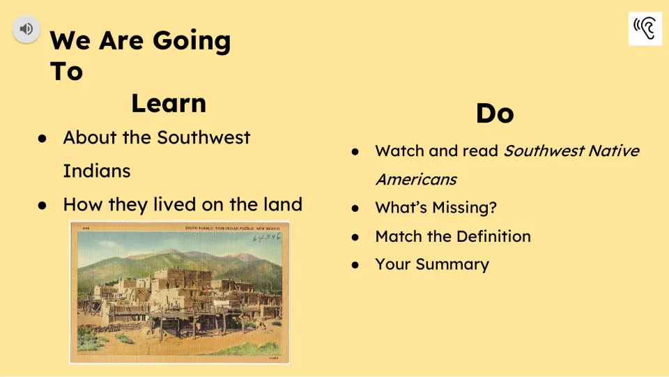 Learning goals introduce Southwest peoples and life on the land, followed by reading and vocabulary tasks