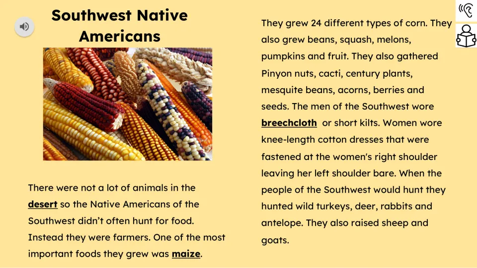 First reading passage covers maize, other crops, gathered foods, clothing, hunting, and raising sheep and goats