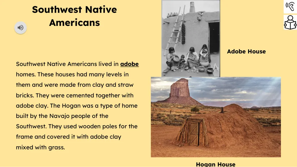 Second reading passage describes adobe homes and Navajo hogans, with labeled photographs of both home types