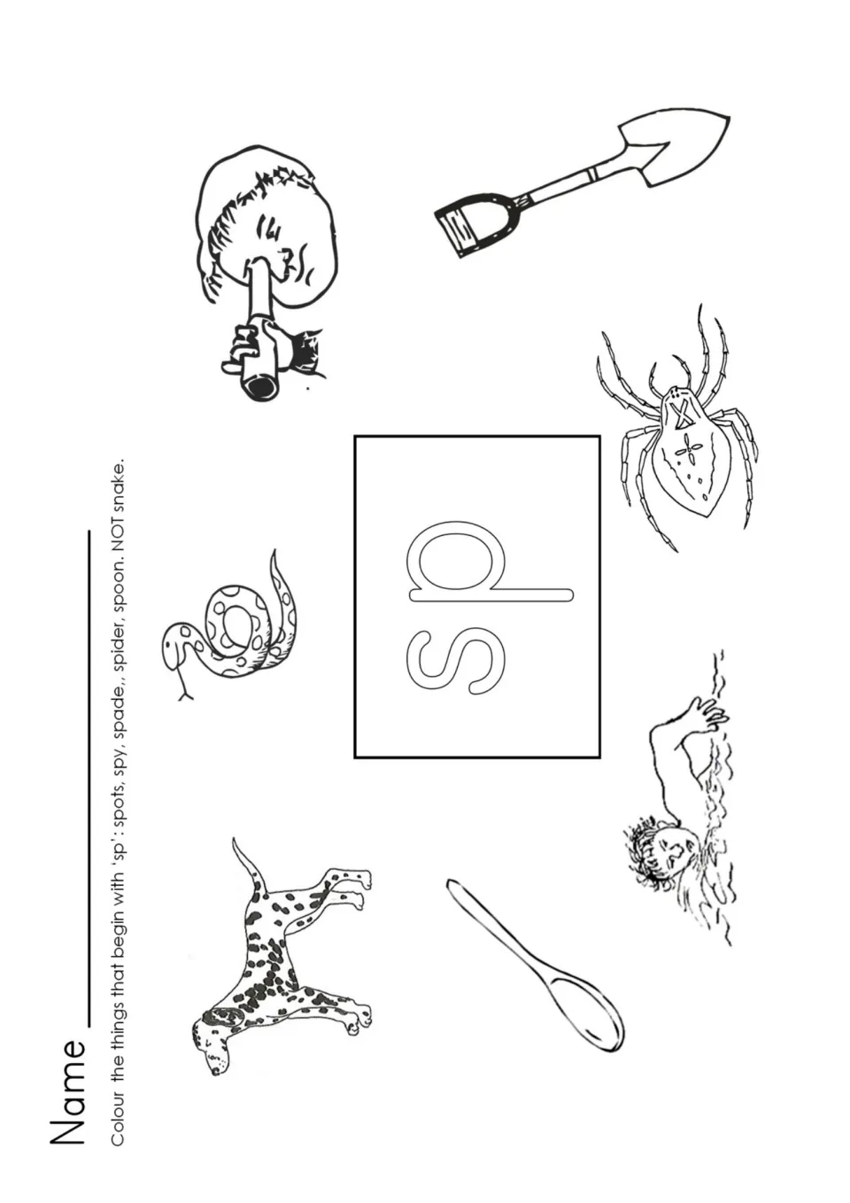 SP beginning blend coloring sheet: identify spots, spy, spade, spider, and spoon; leave snake uncolored.