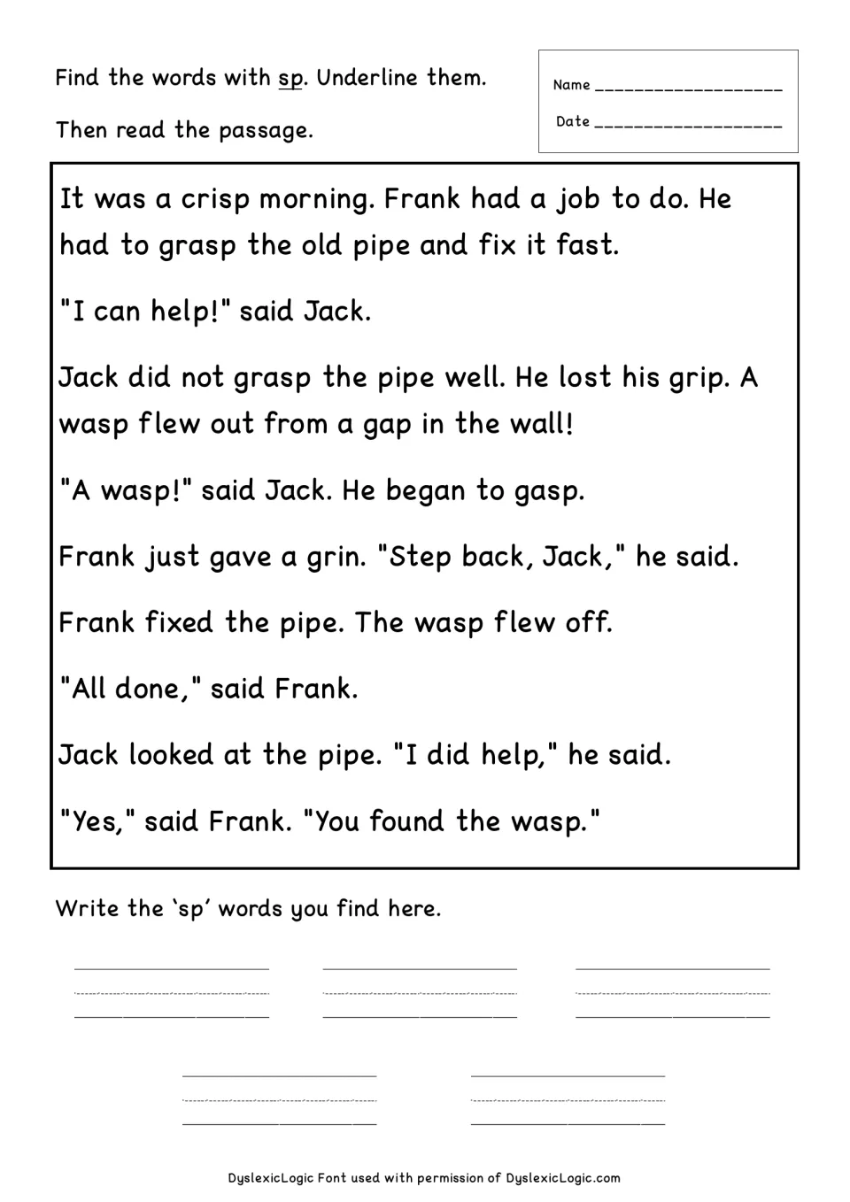 sp word hunt: students underline sp words like crisp, grasp and wasp in a story about Frank and Jack, then write them